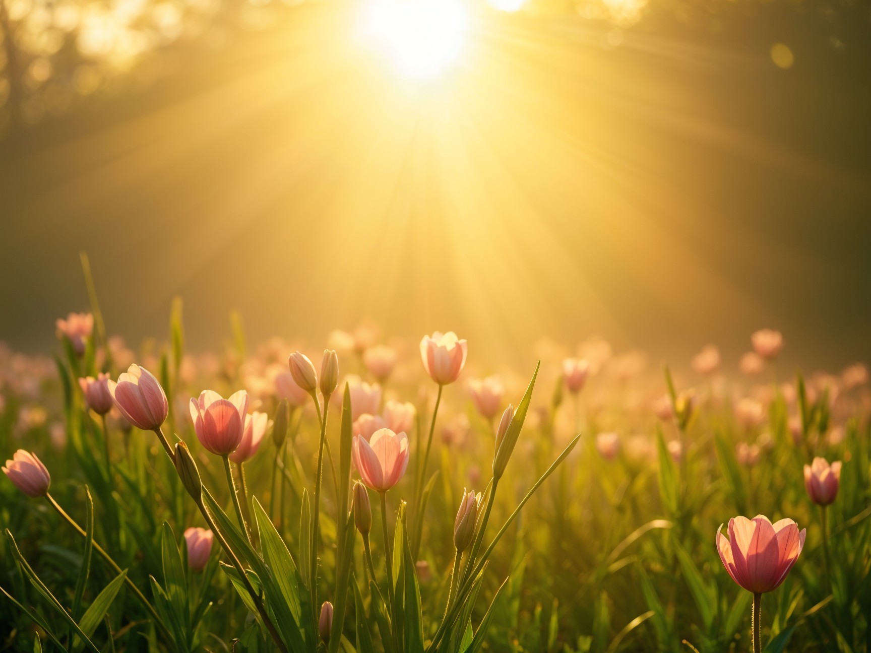 Blooming Tulip Field at Sunrise with Misty Light
