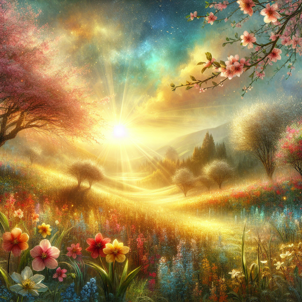 Vibrant Dawn Landscape with Blooming Flowers and Hills