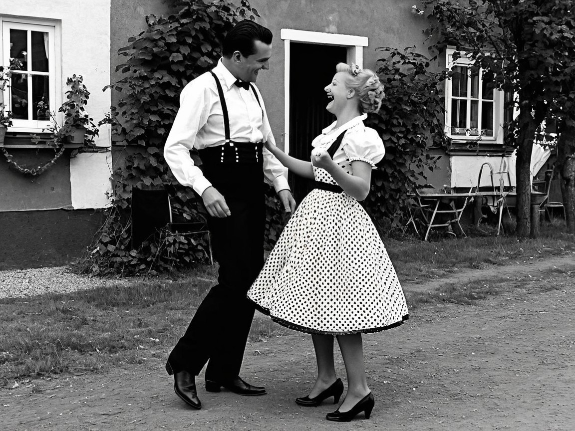 Vintage Black-and-White Dance Scene in Rustic Setting