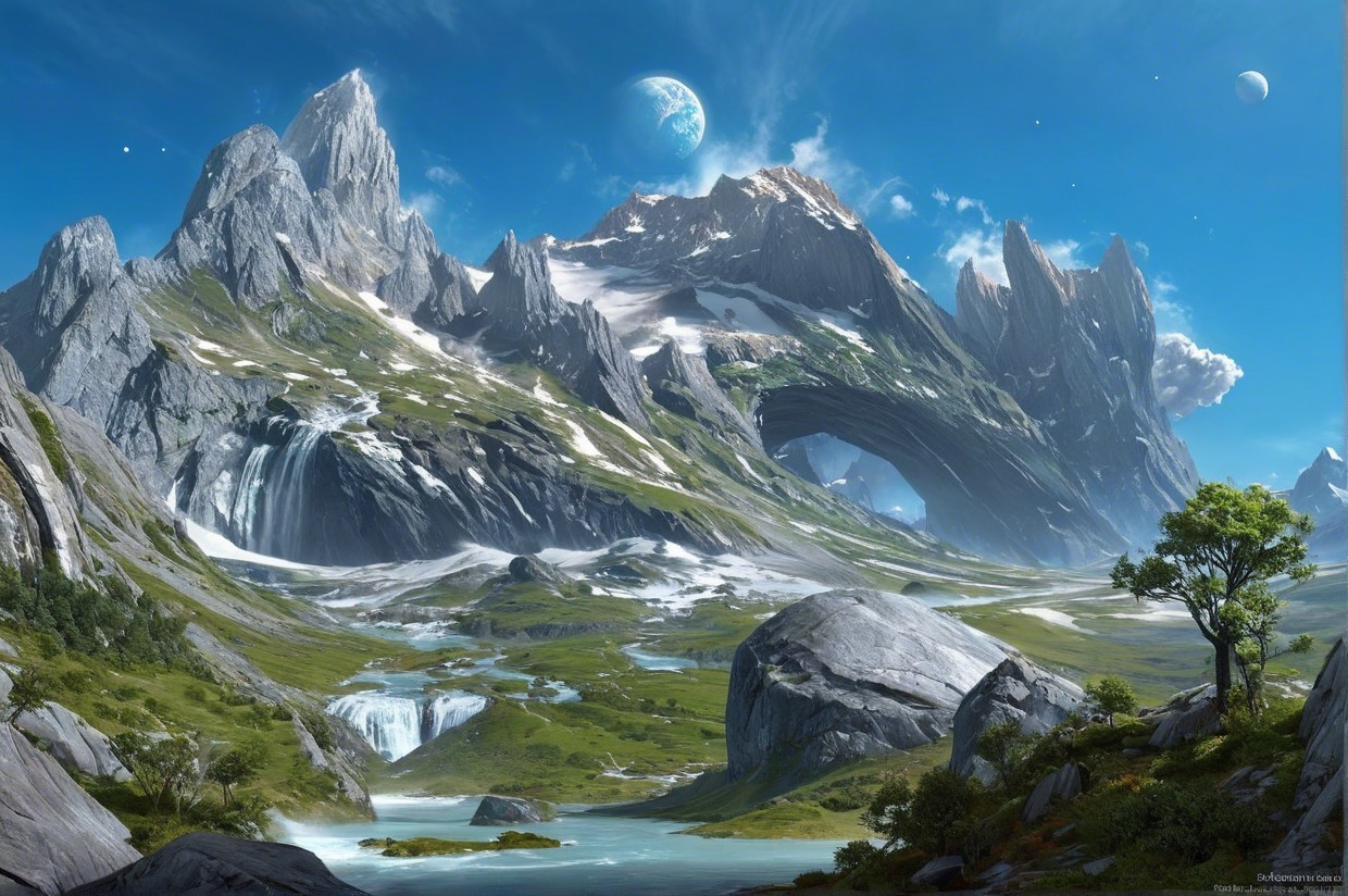 Majestic Mountain Landscape with Rock Arch and Waterfalls