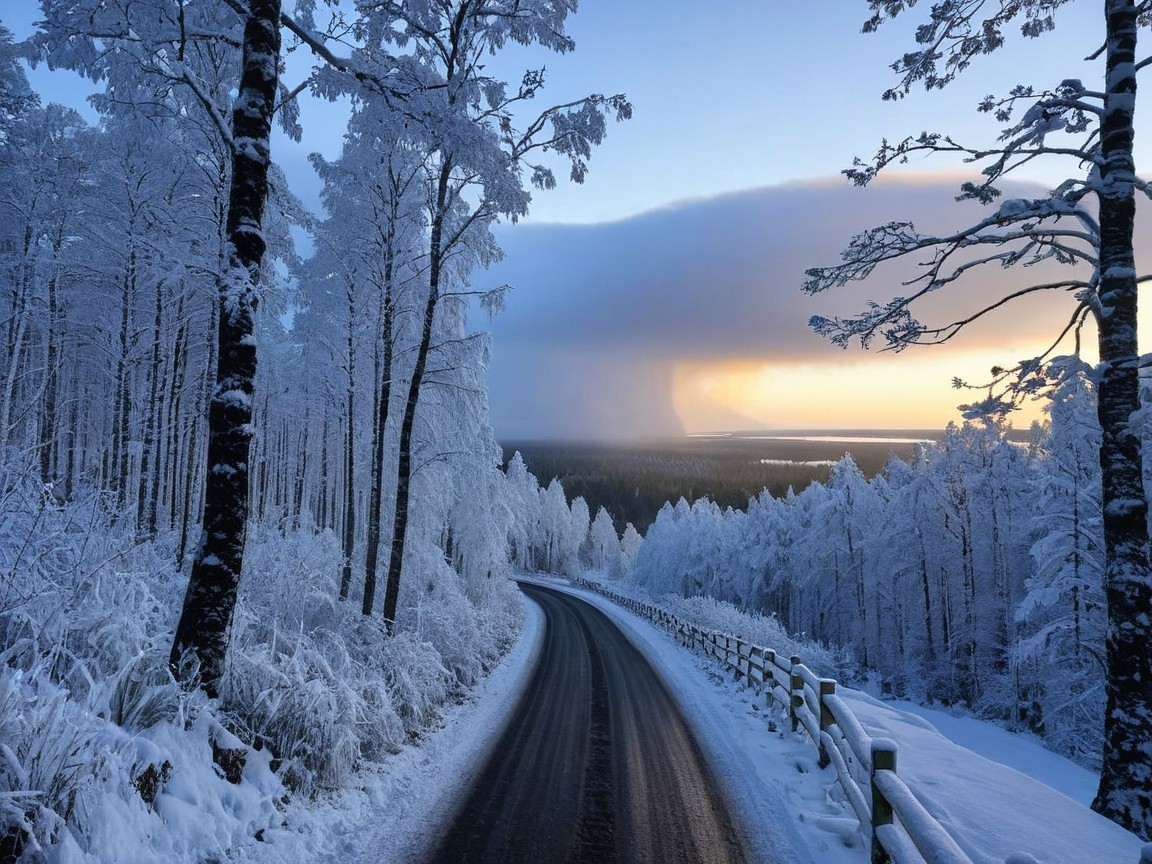 Winter Landscape with Snow-Covered Trees and Road