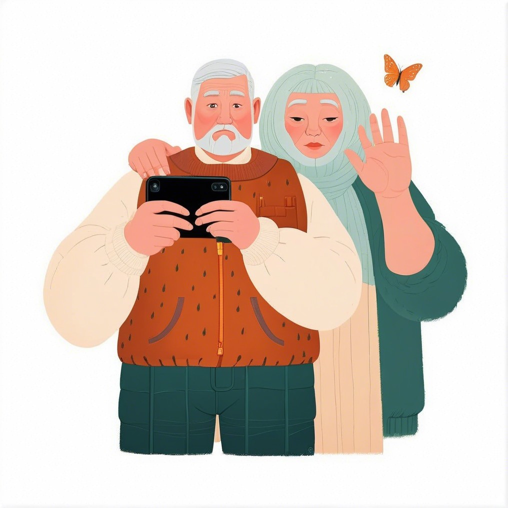 Elderly Couple with Smartphone and Butterfly Illustration