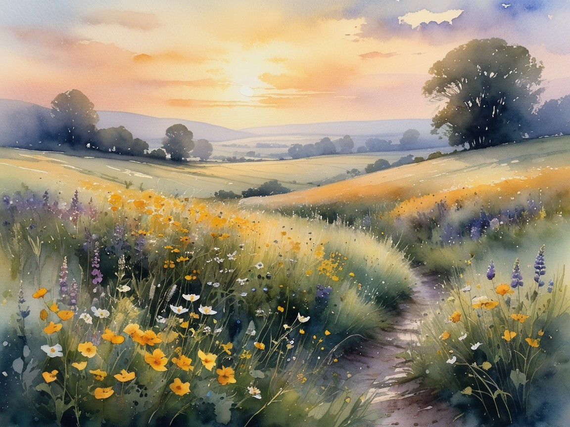 Serene Sunrise Landscape with Vibrant Wildflowers