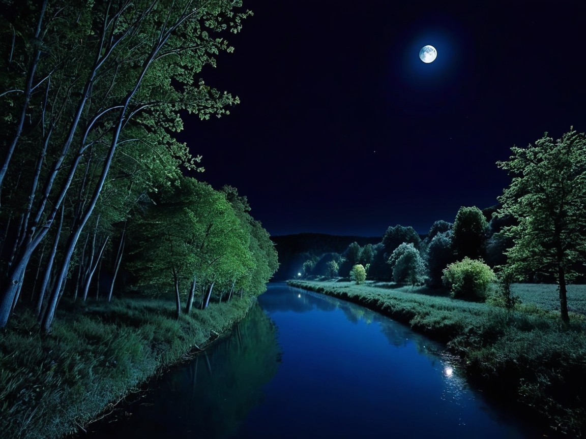 Tranquil Nighttime River Scene Under Full Moonlight