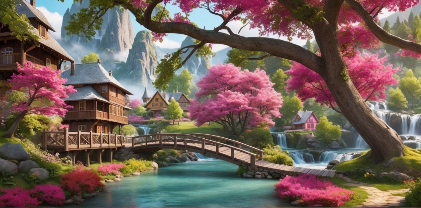 Serene Landscape with Wooden Houses and Waterfalls