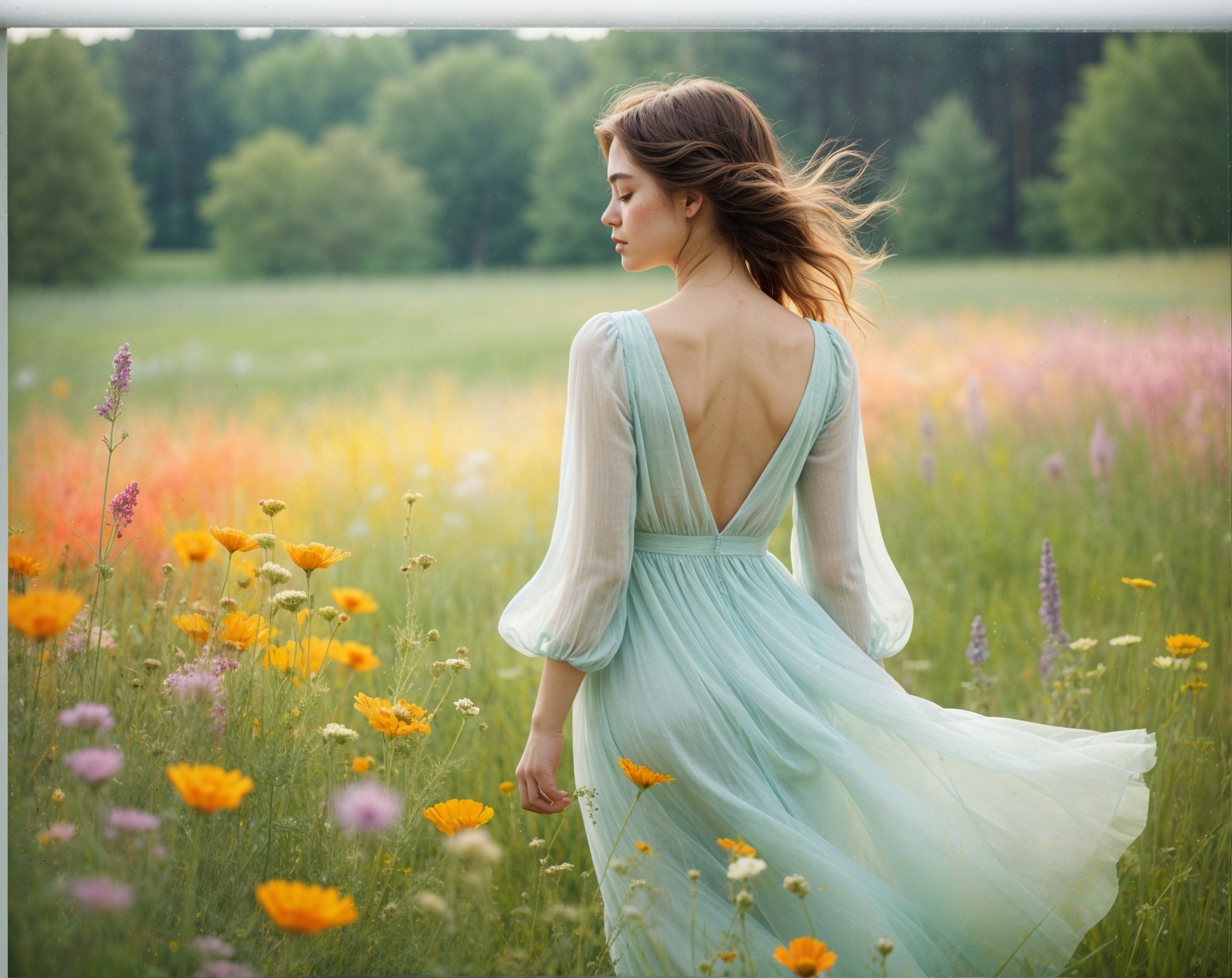 Young woman in blue dress among vibrant wildflowers