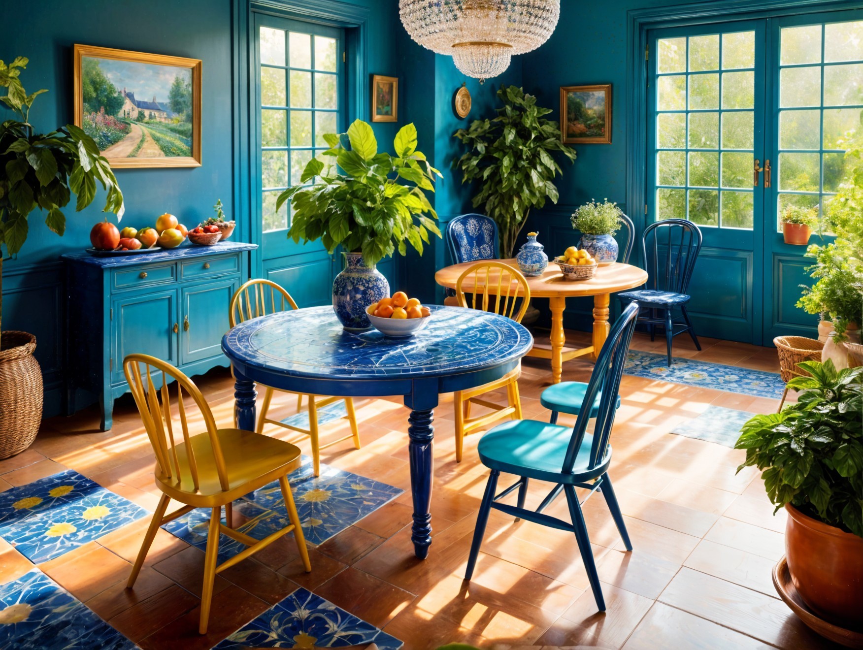 Brightly Colored Room with Blue Walls and Chandelier