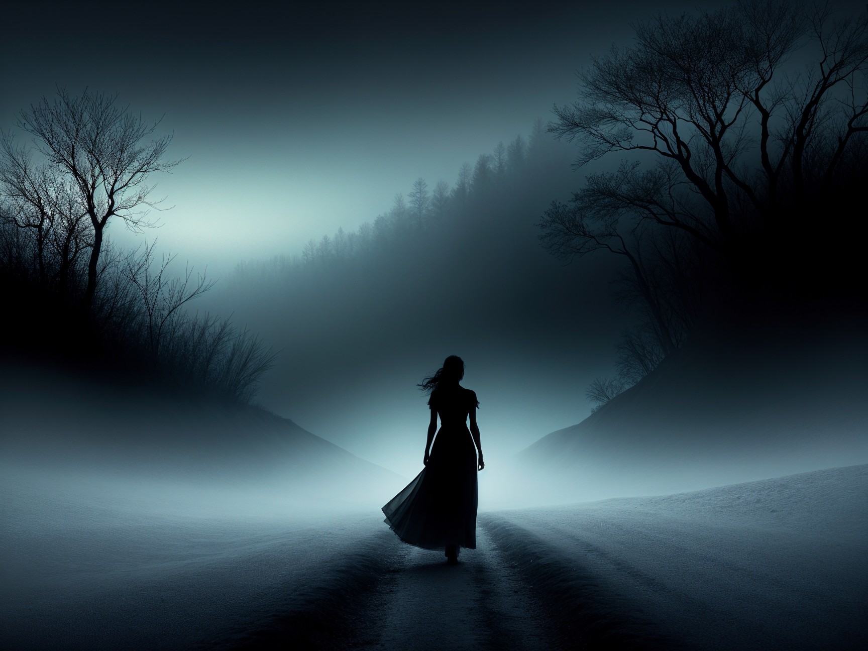 Solitary Figure on a Misty, Twilight Road
