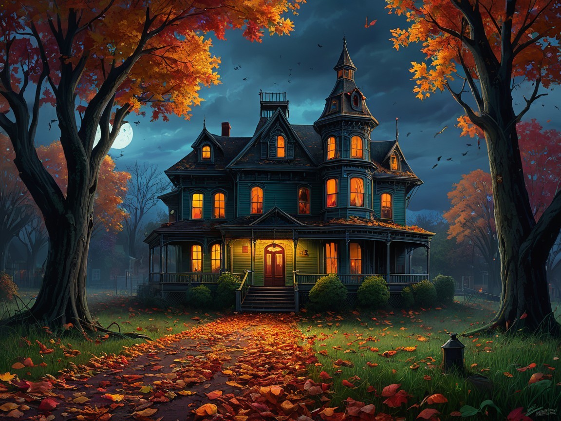 Victorian Mansion Under Moonlit Sky with Autumn Leaves