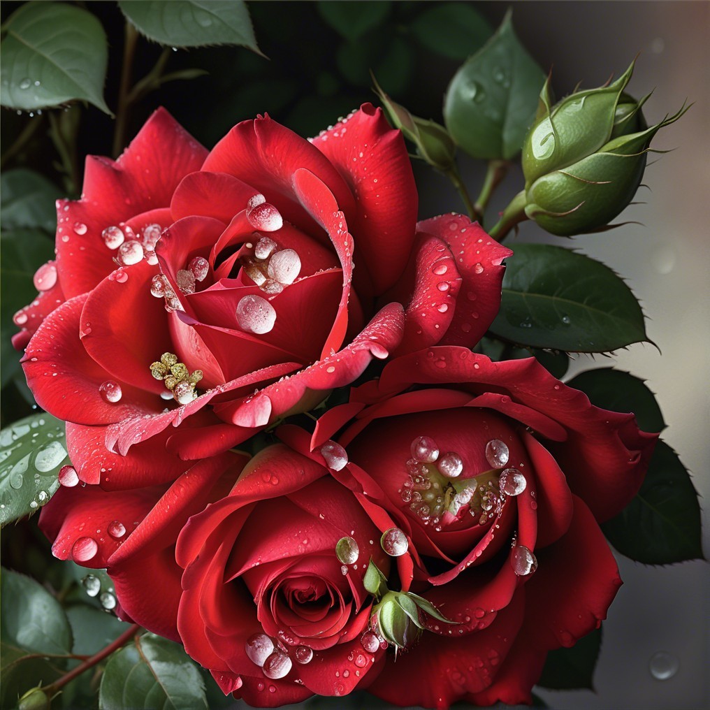 Close-Up of Dewy Red Roses with Green Leaves