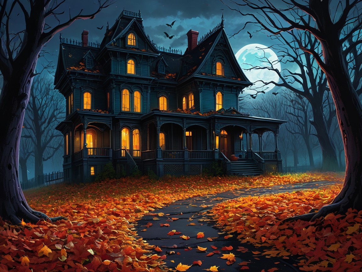 Victorian Mansion Under Full Moon with Autumn Leaves