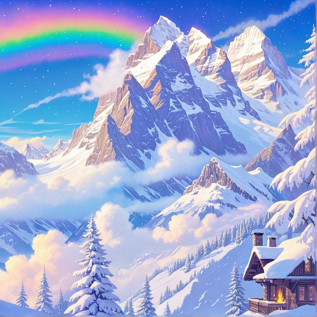 Winter Landscape with Snow-Capped Mountains and Rainbow