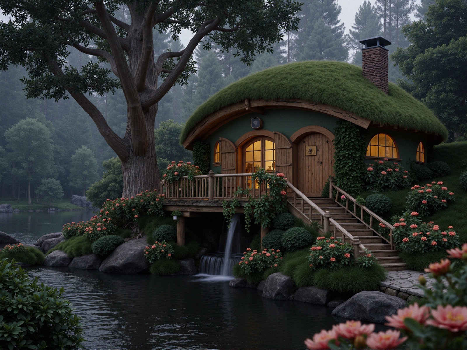Whimsical House by a Serene Pond in Lush Forest