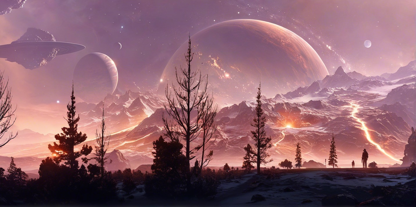 Cosmic Landscape with Mountains and Celestial Bodies