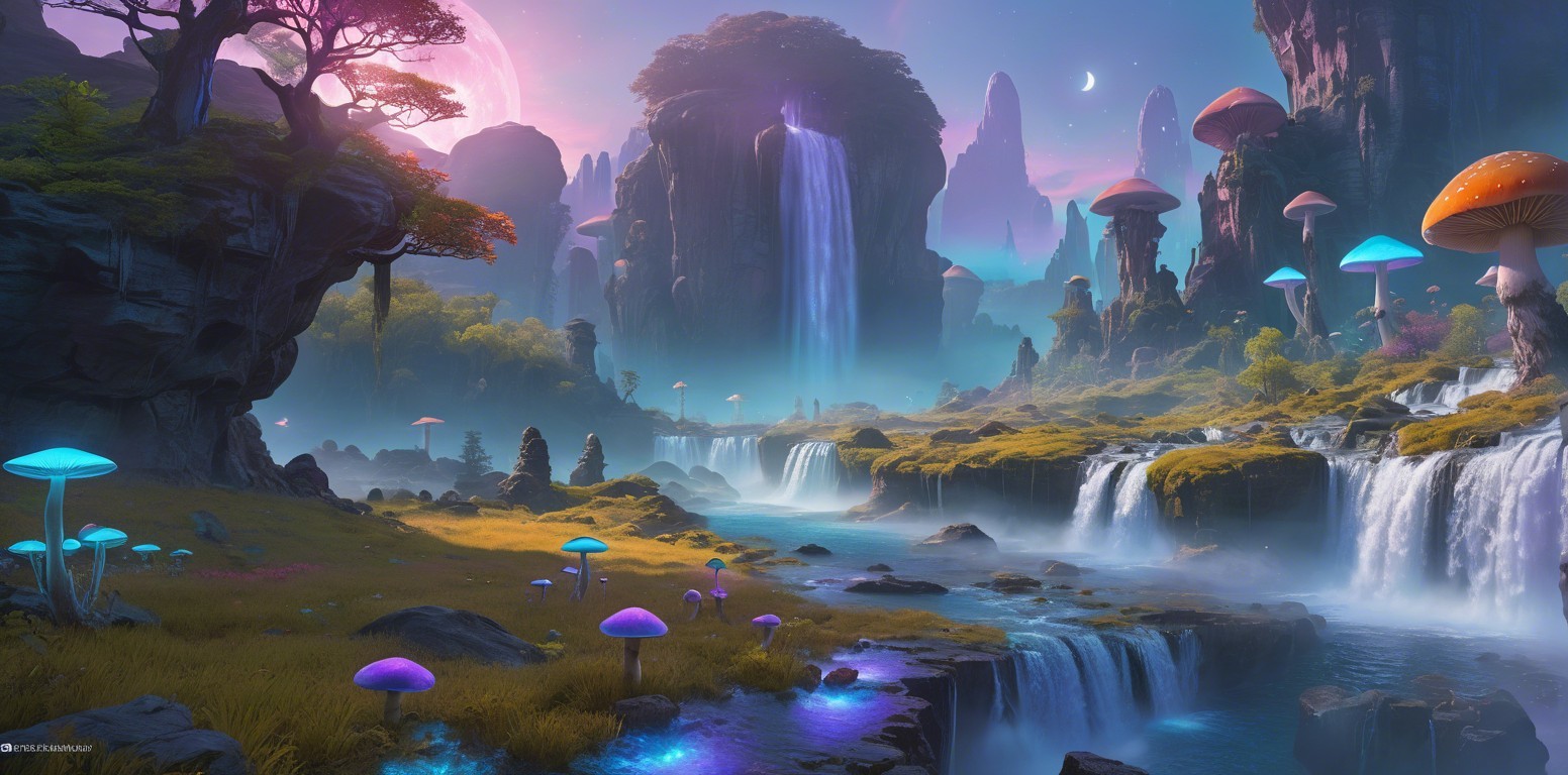Vibrant Fantasy Landscape with Glowing Mushrooms and Waterfalls
