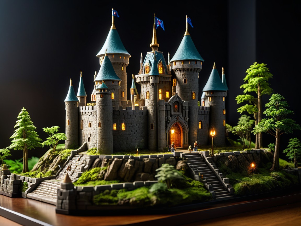 Miniature castle model with spires and greenery