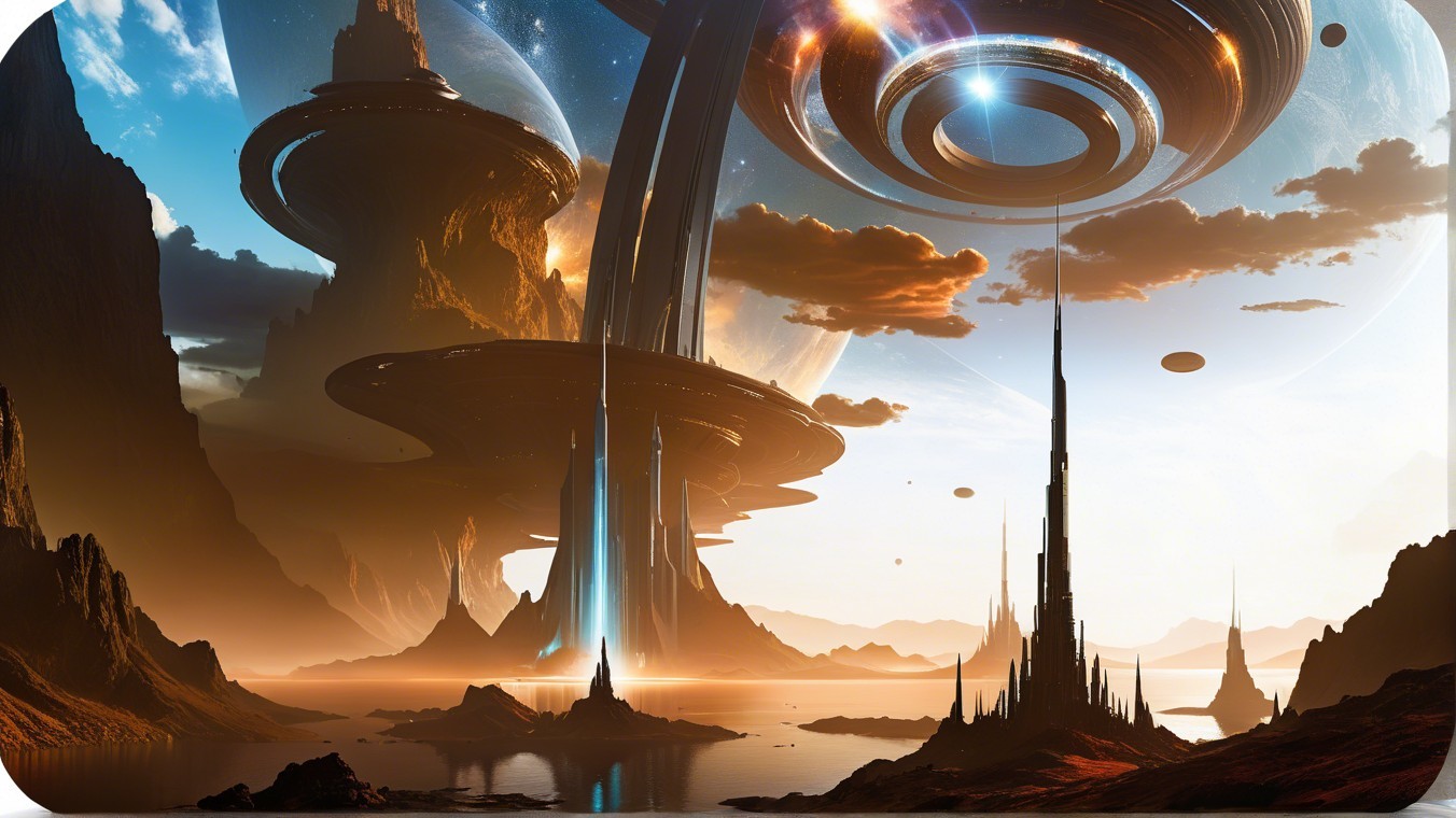 Alien Landscape with Crystalline Structures and Celestial Bodies