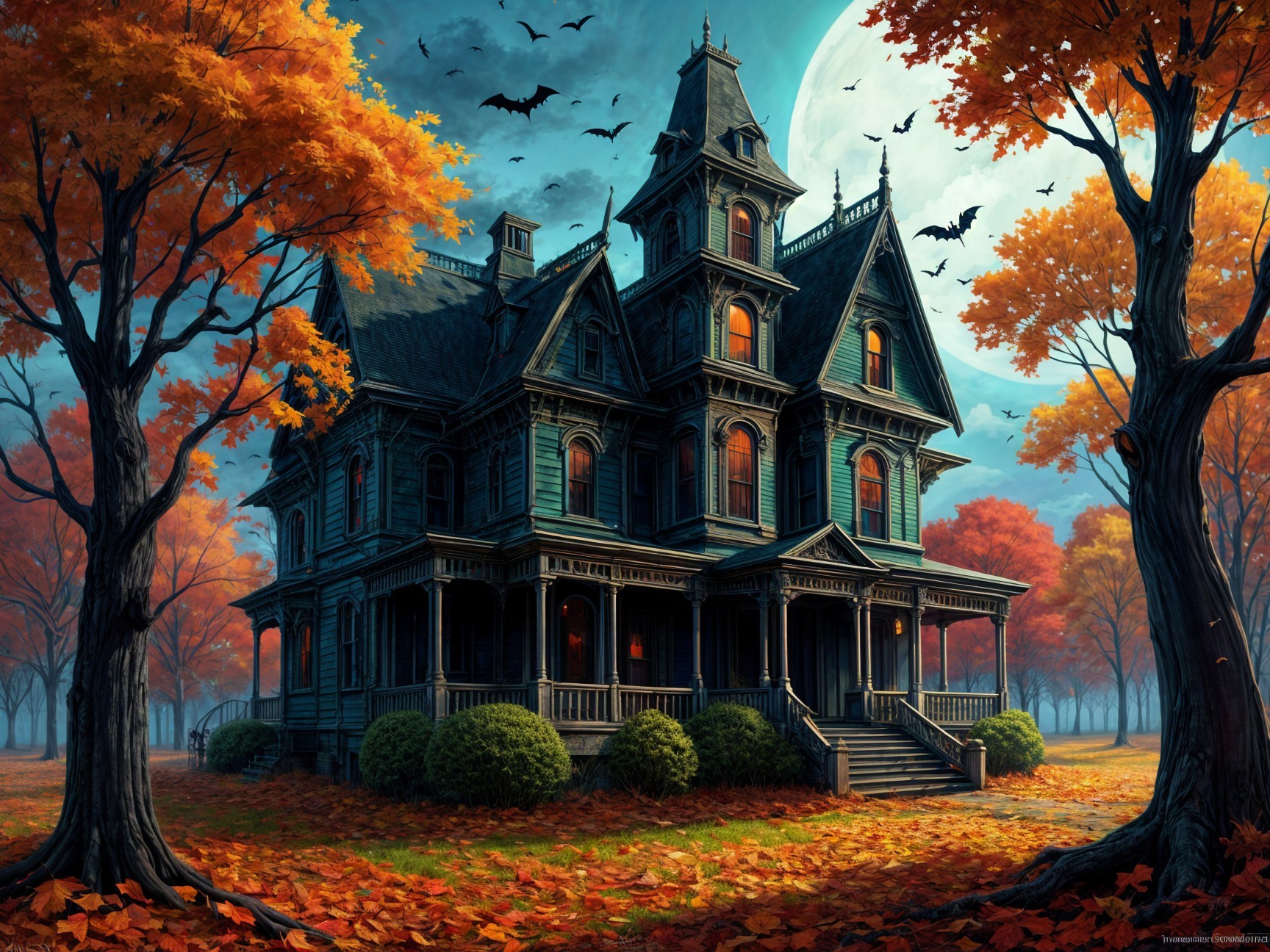 Victorian Mansion in Autumn Landscape with Full Moon