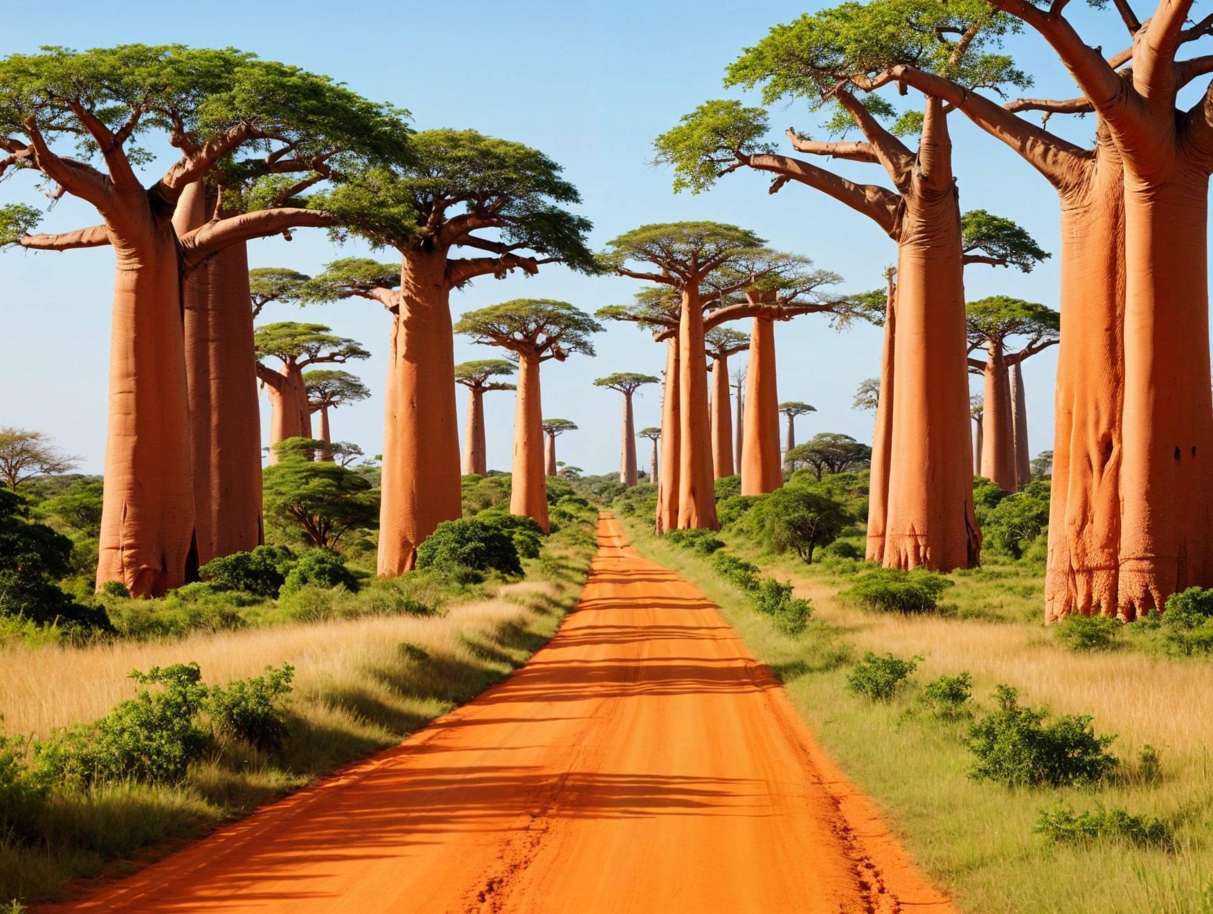 Dirt Road Surrounded by Baobab Trees and Greenery