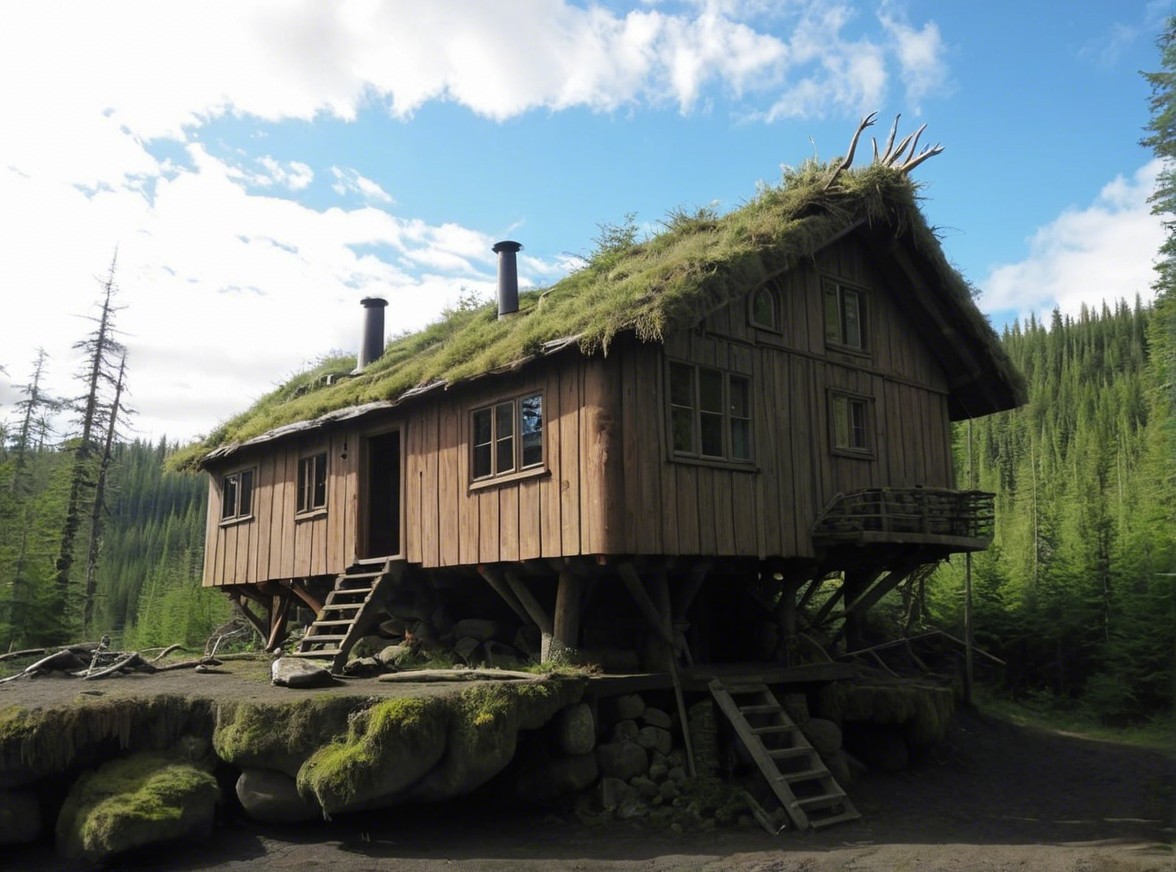 Wooden cabin on stilts surrounded by conifer trees