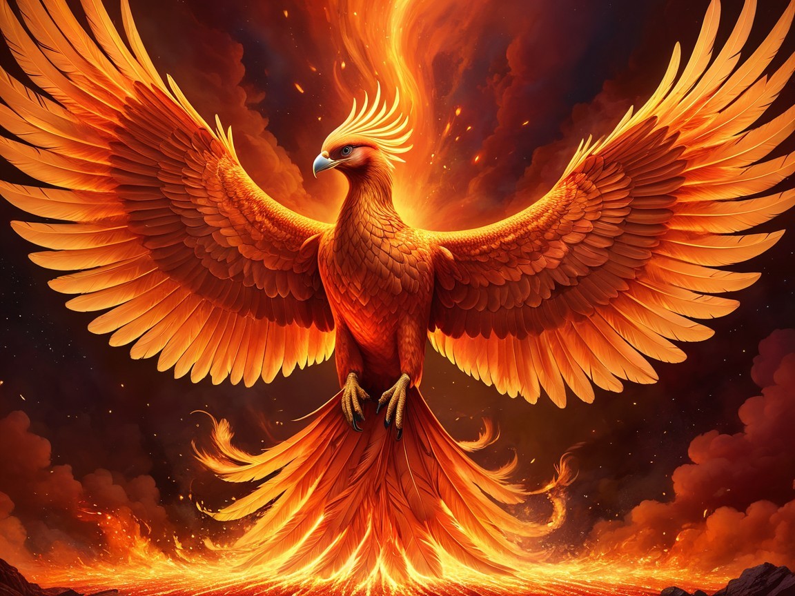 Majestic phoenix in flames with vibrant orange feathers