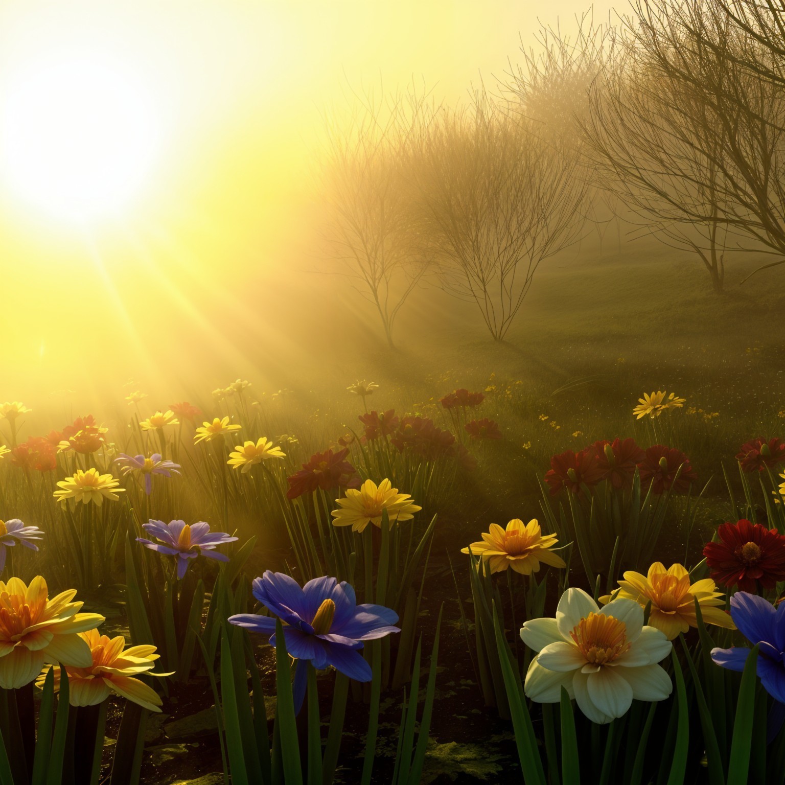 Serene landscape with vibrant flowers and silhouetted trees