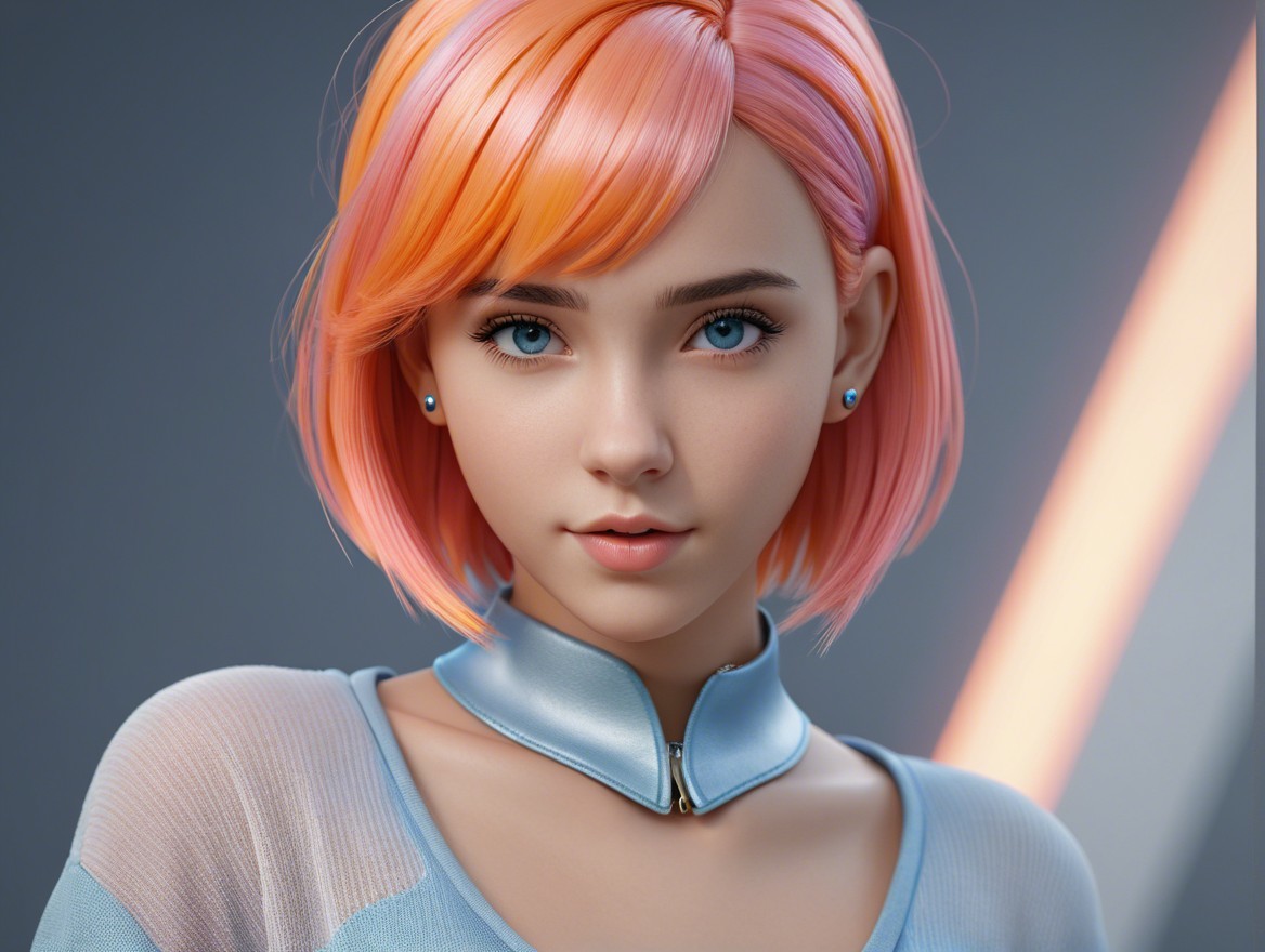 Character with Pink Hair and Blue Eyes in Soft Lighting