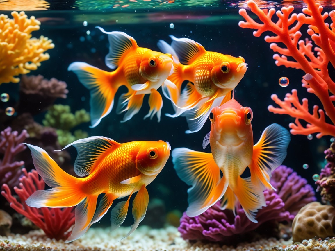 Vibrant Aquarium Scene with Goldfish and Coral Decor