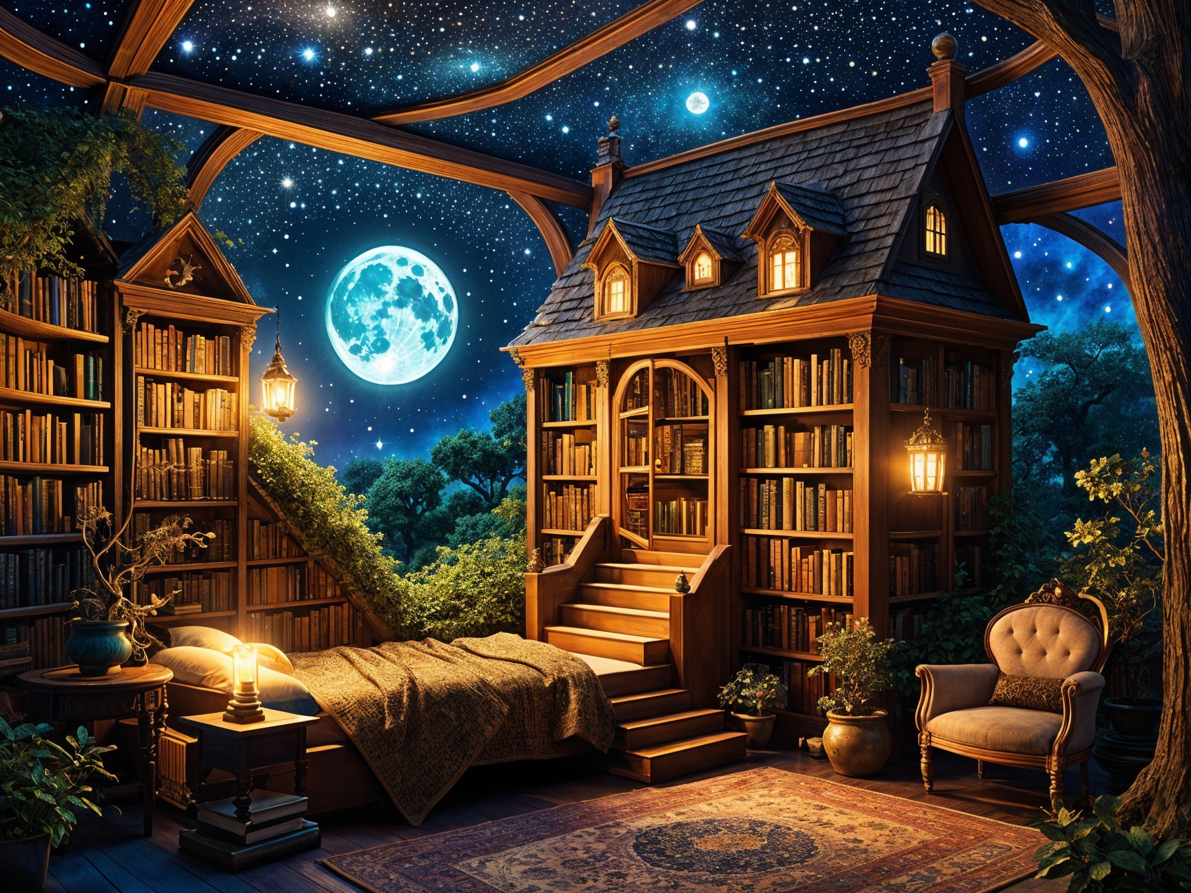 Cozy Wooden Library Under Starry Sky with Moonlight
