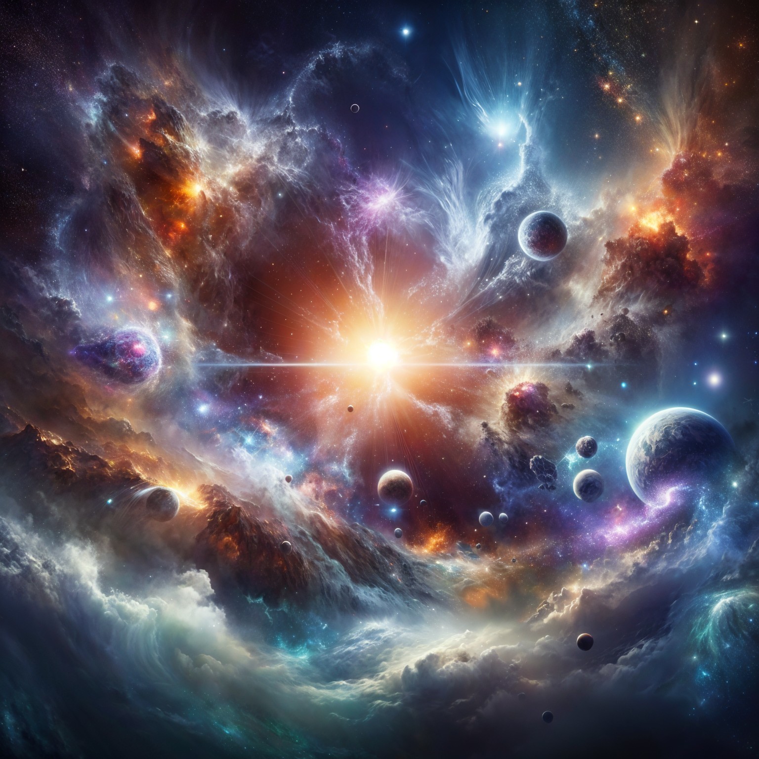 Vibrant Cosmic Scene with Stars and Orbiting Planets