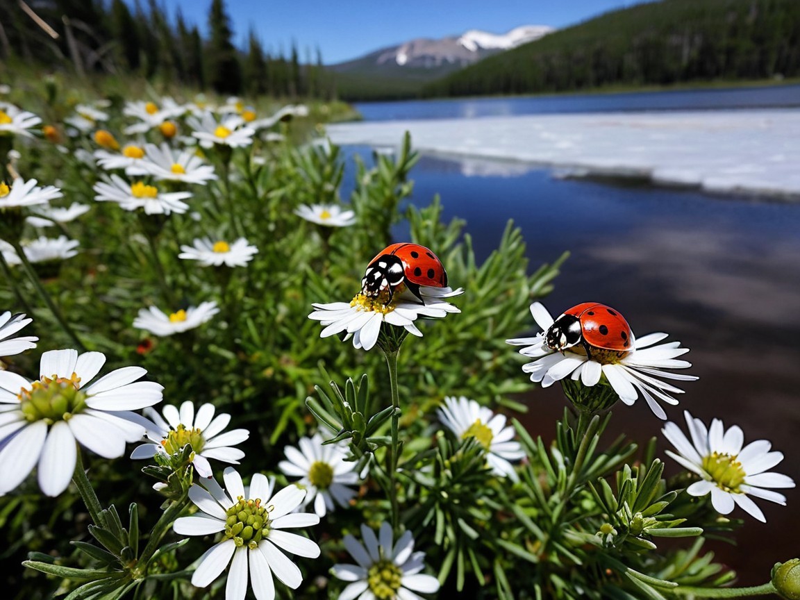 Ladybugs on Daisies by a Serene Lake and Mountains