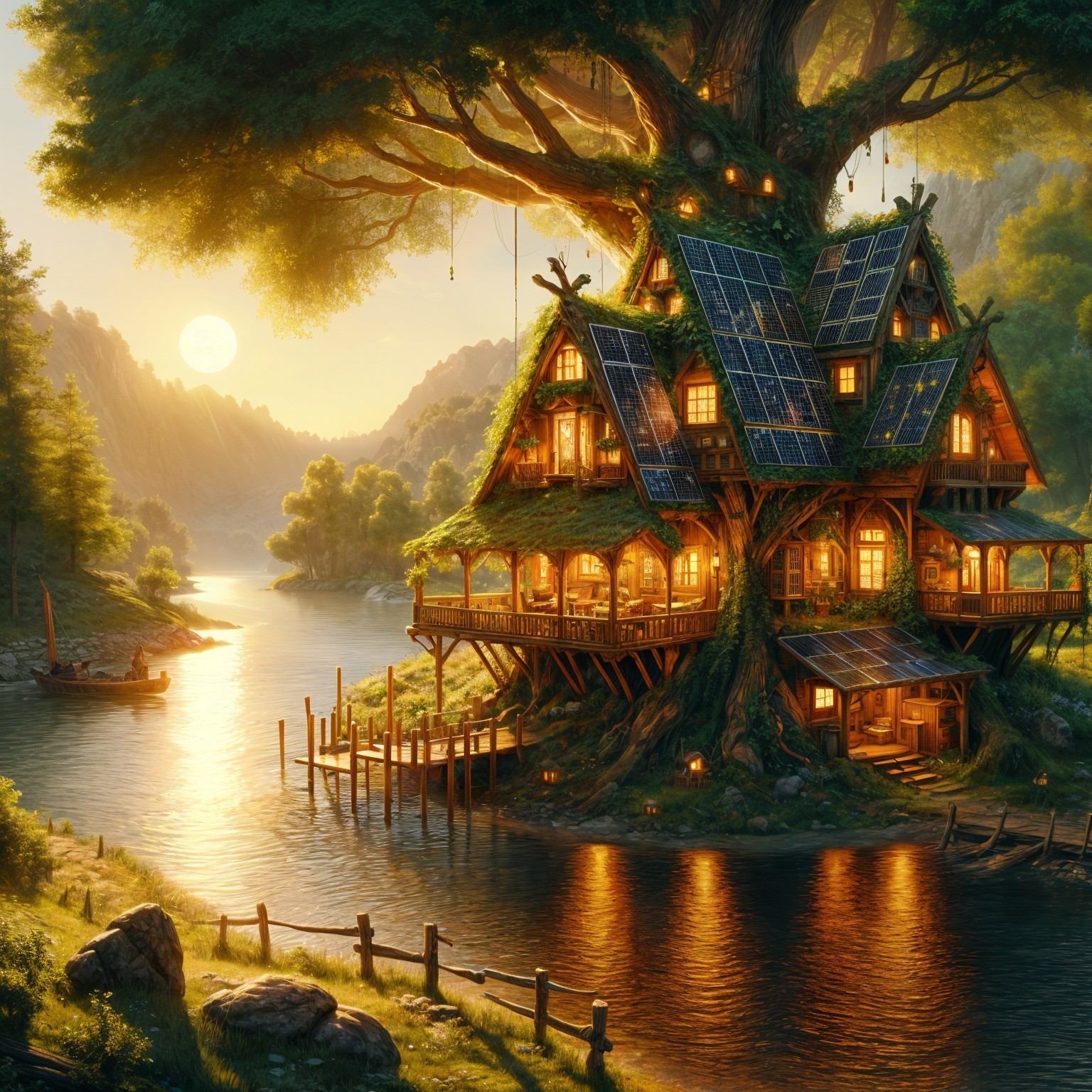 Whimsical Treehouse by Serene Riverside at Sunset