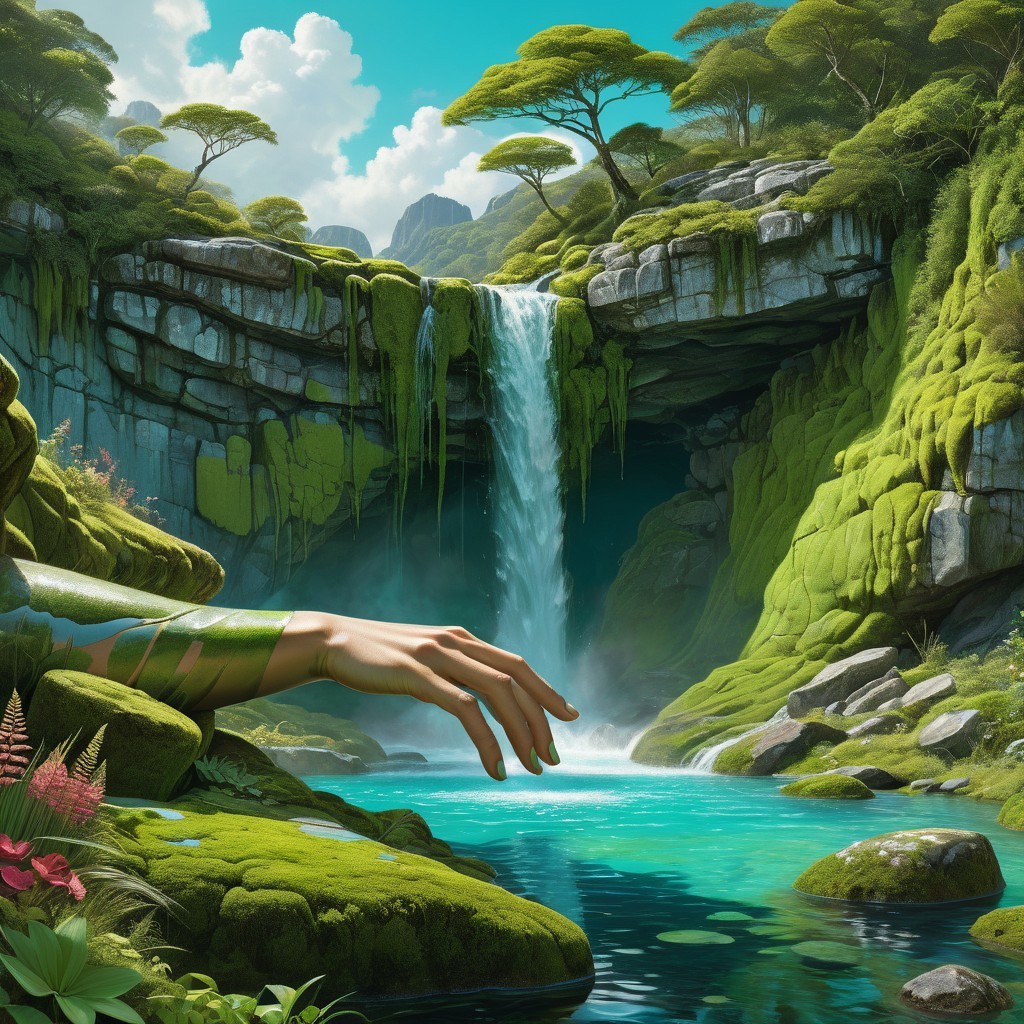 Lush Landscape with Waterfall and Turquoise Pool