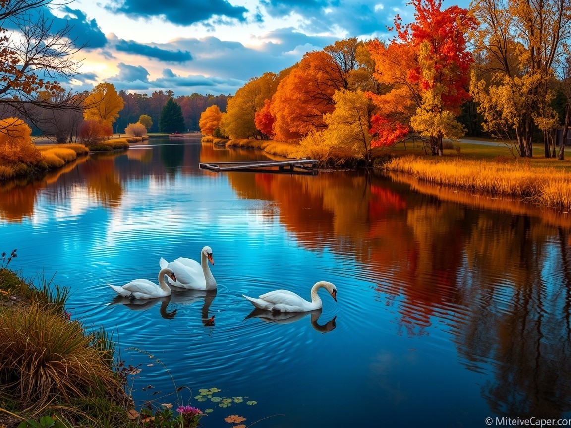 Autumn Landscape with Swans and Colorful Foliage