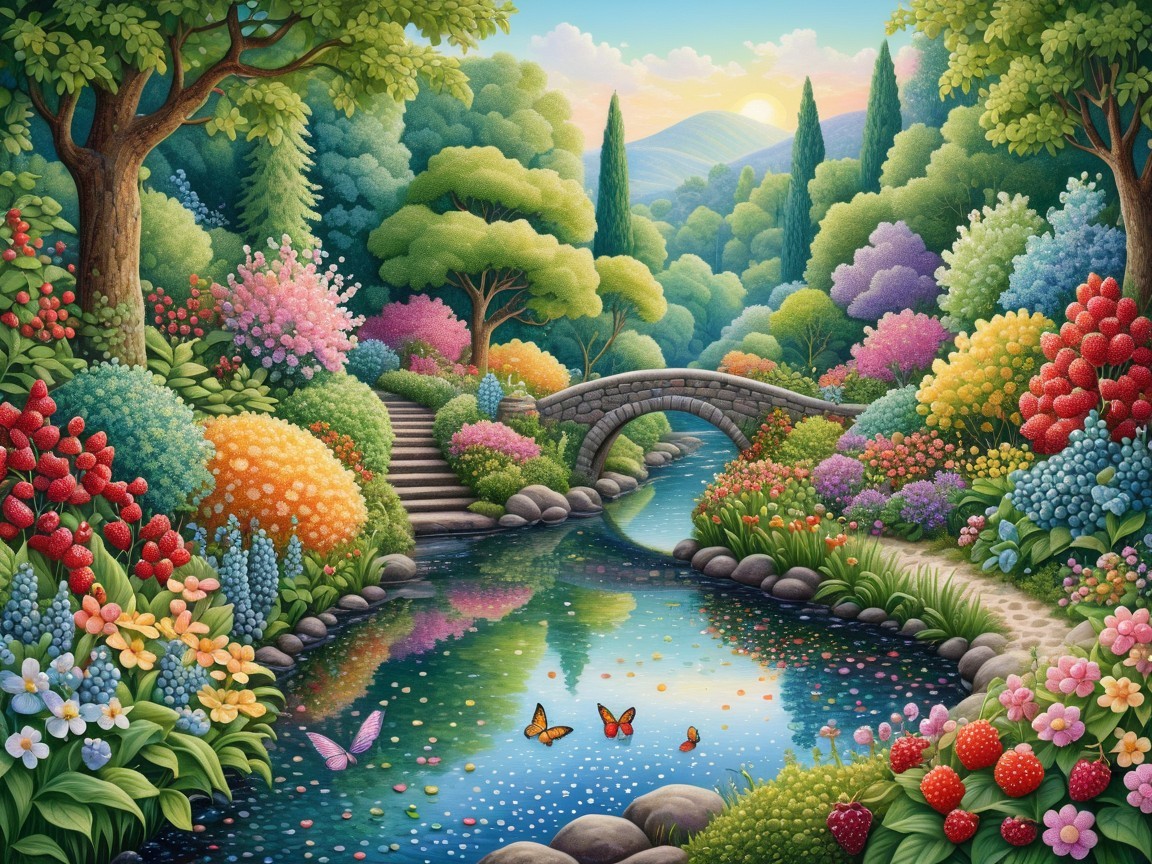 Vibrant landscape with serene river and colorful flora