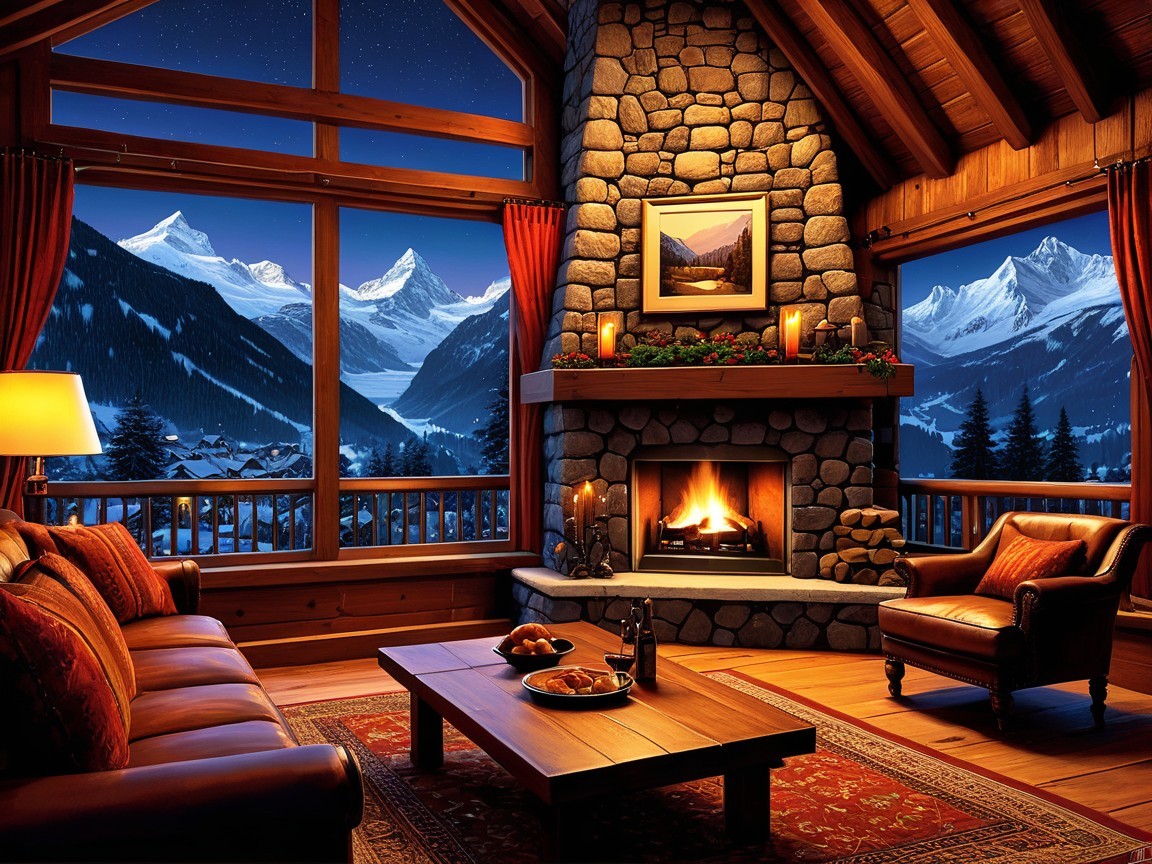 Cozy Wooden Cabin Living Room with Stone Fireplace