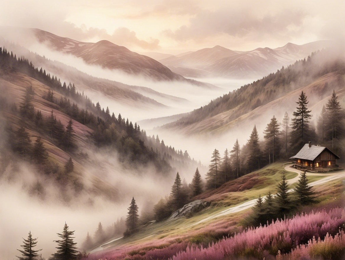Cozy Cabin in a Misty Mountain Landscape at Twilight
