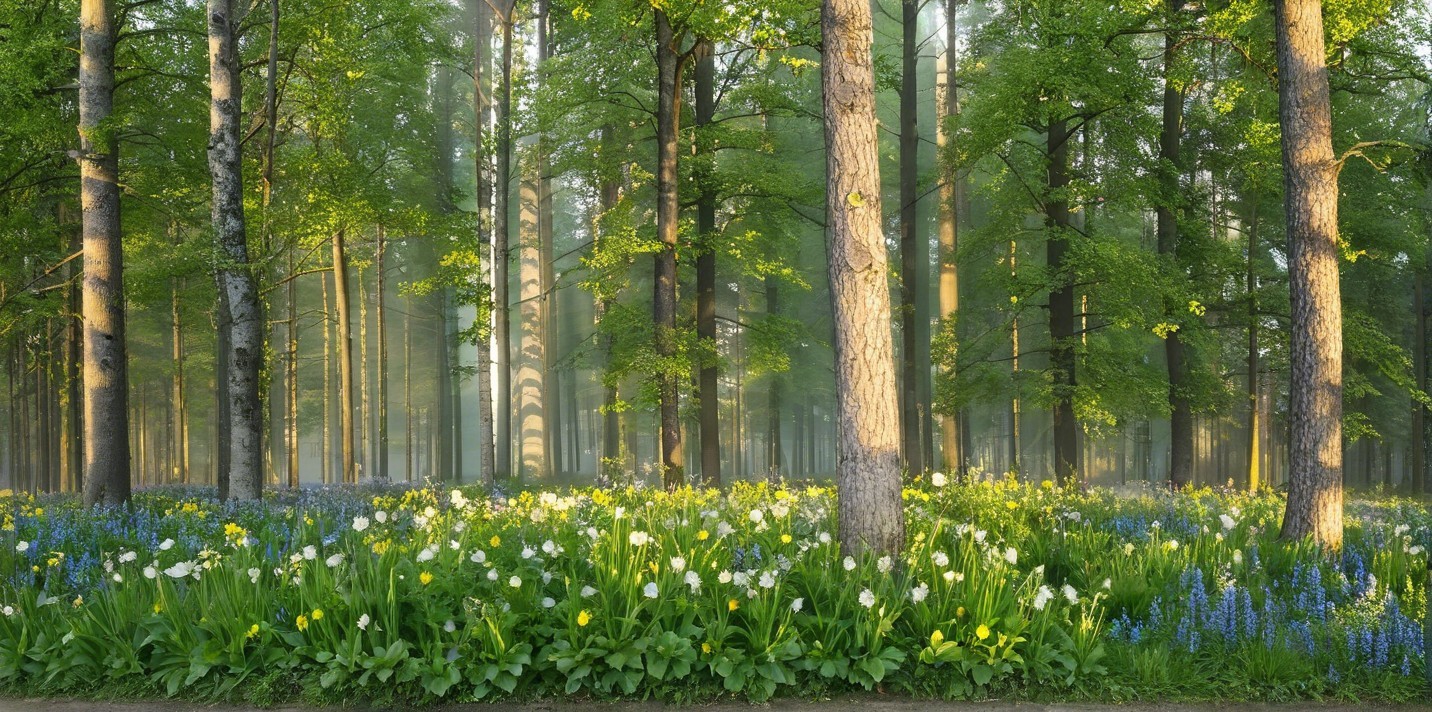 Tranquil Forest Scene with Morning Light and Flowers