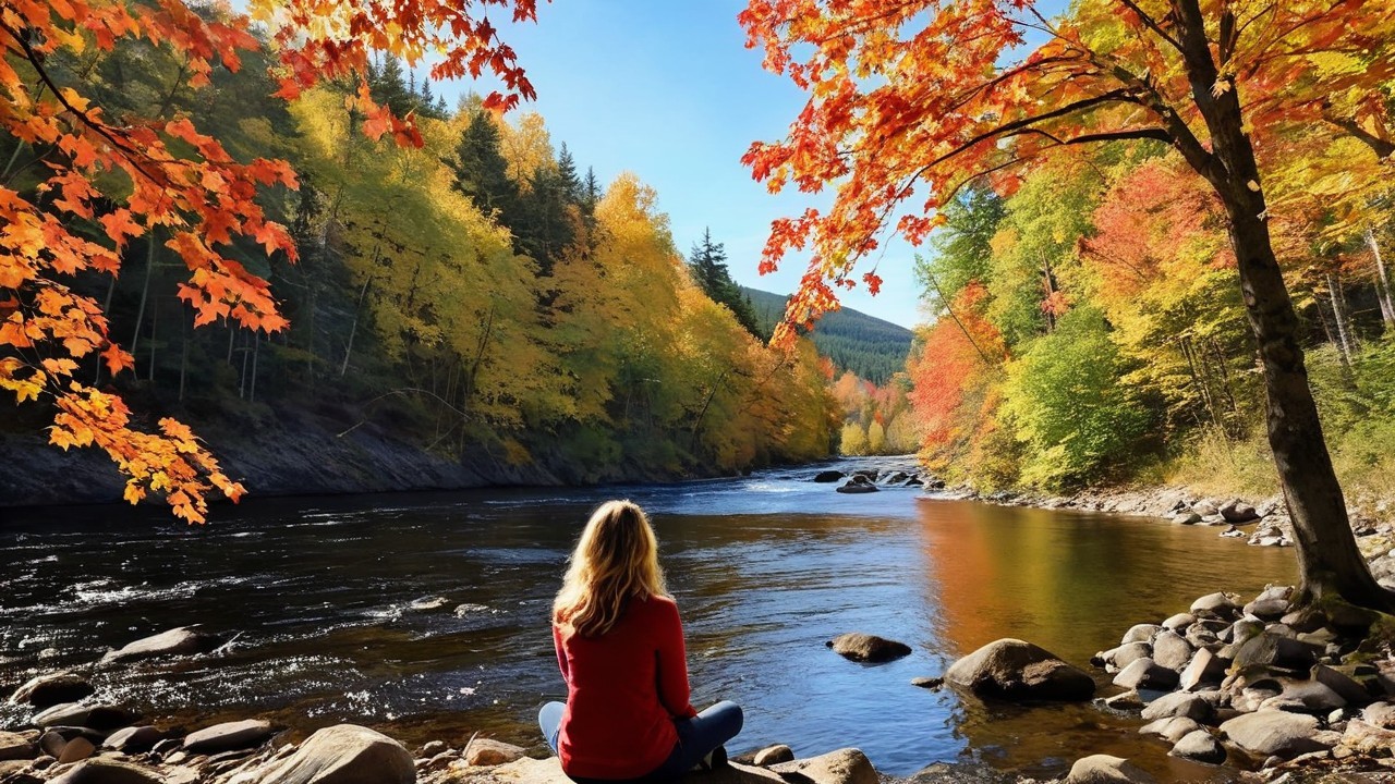 Serene autumn river scene with vibrant foliage colors