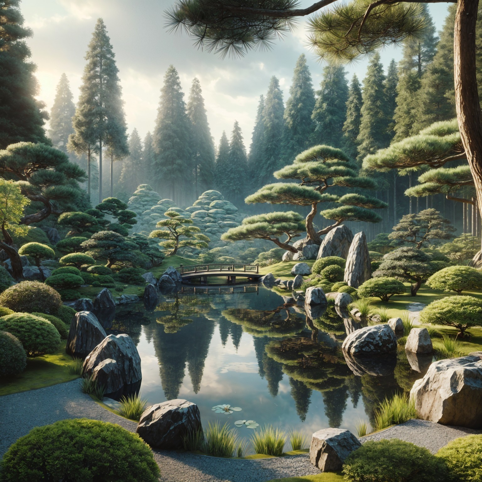 Tranquil Pond Surrounded by Lush Greenery and Trees
