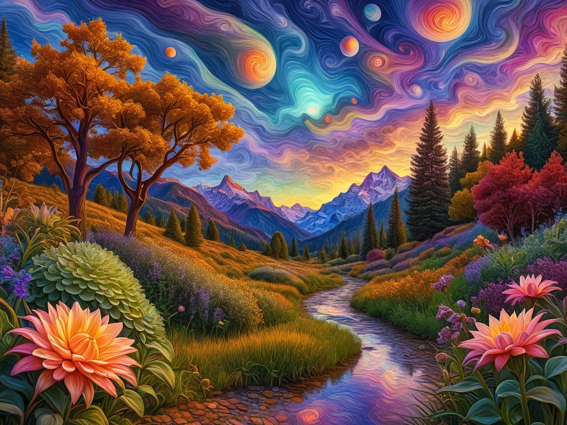 Vivid Landscape with River, Mountains, and Colorful Sky