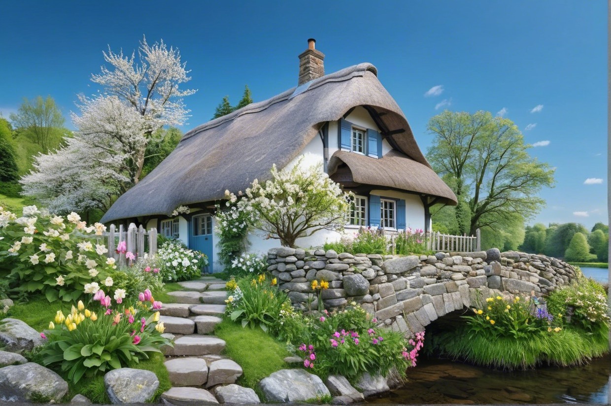 Thatched-Roof Cottage by a Serene Lake with Gardens