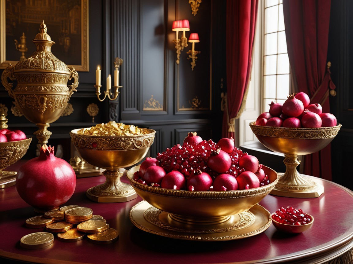 Luxurious Table Setting with Fruit and Gold Coins