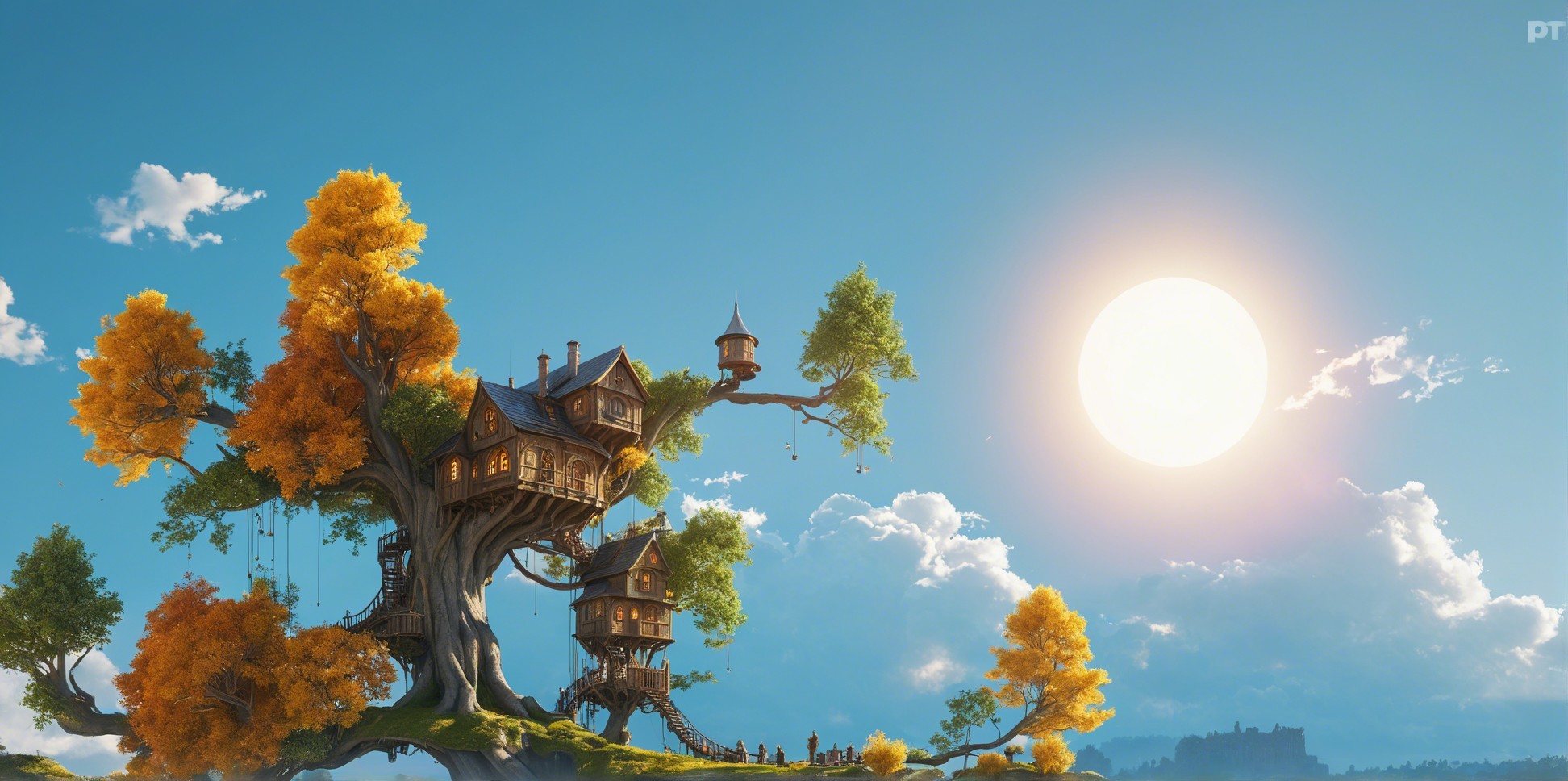 Whimsical treehouse in a golden-leaved tree