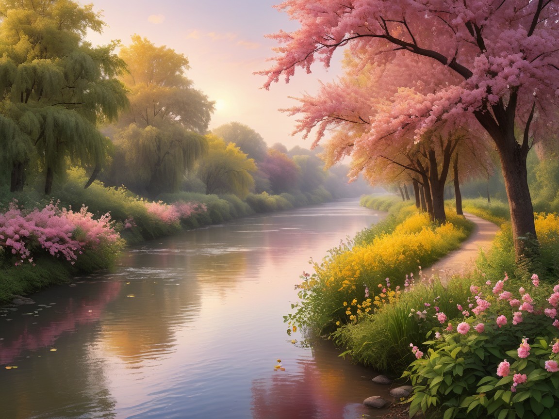 Serene Spring Riverside Scene with Cherry Blossoms