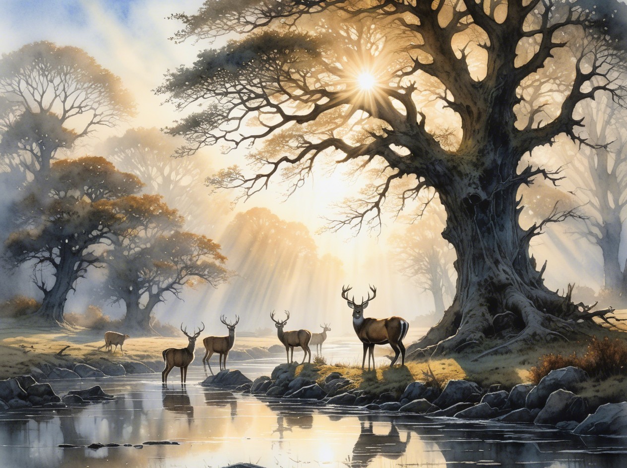 Serene Landscape with Deer by Tranquil River at Sunrise