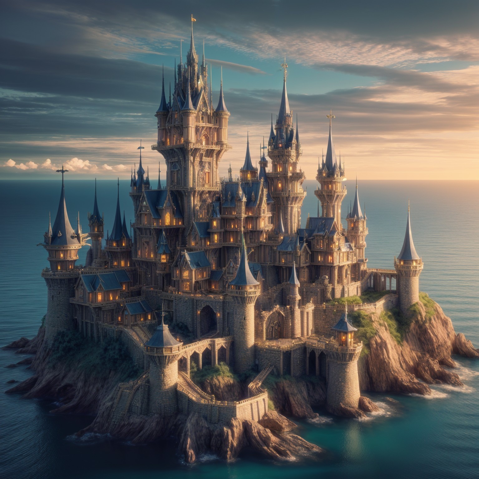 Majestic Castle on Rocky Island at Sunset