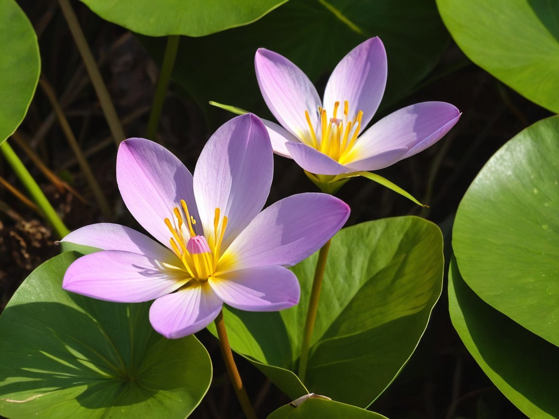 Pink Water Lilies on Green Lily Pads in Sunlight