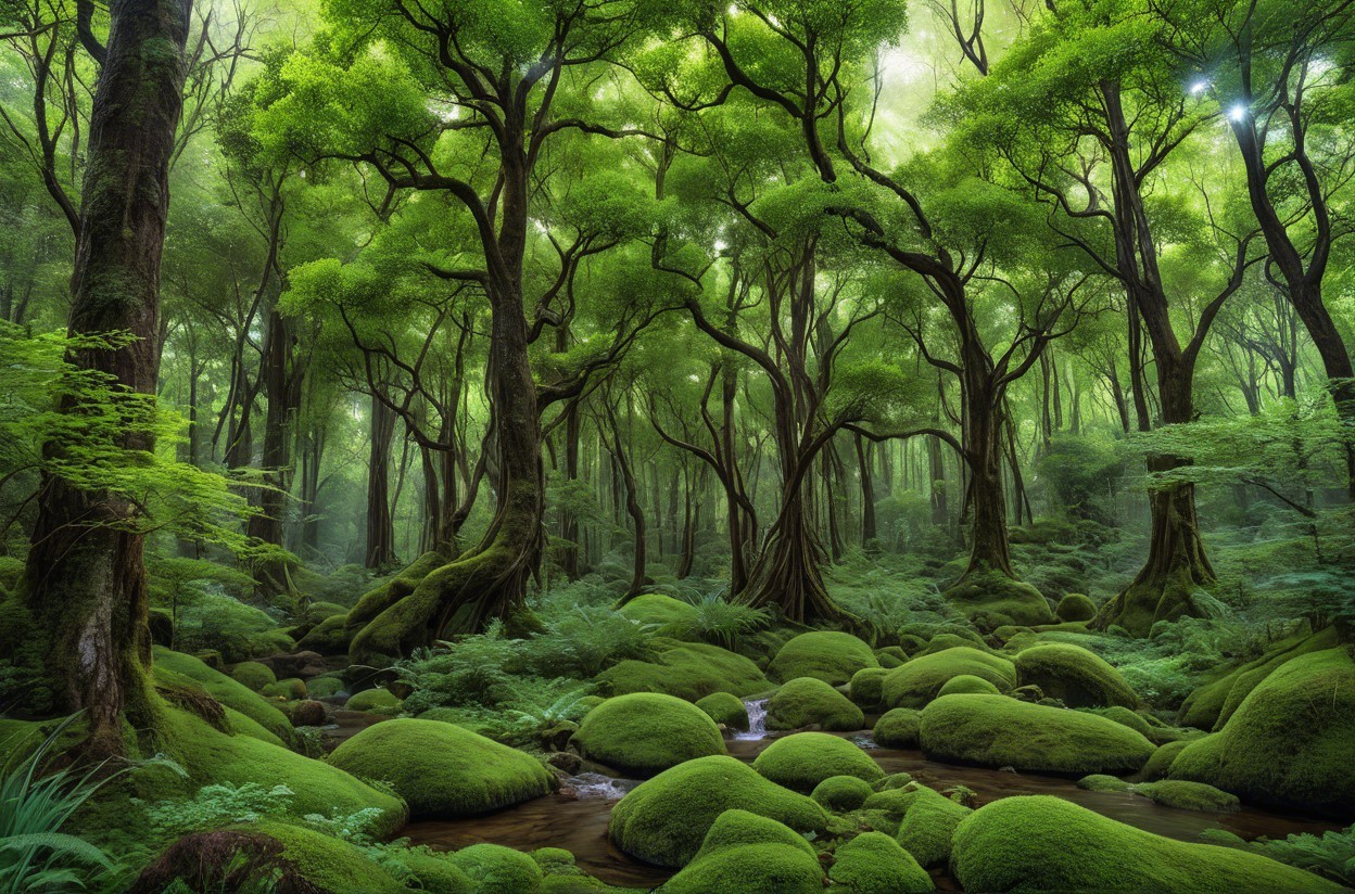 Lush Forest Scene with Trees and Gentle Stream
