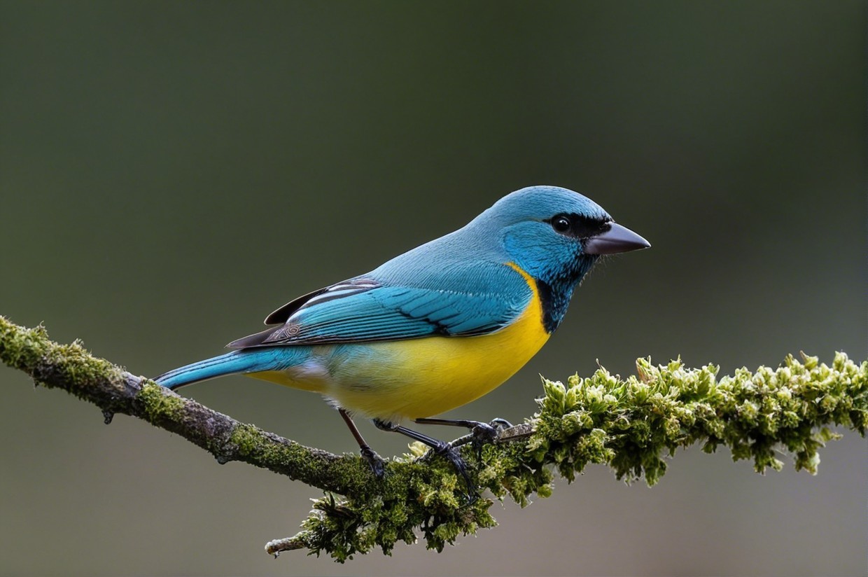 Brightly Colored Bird on Moss-Covered Branch